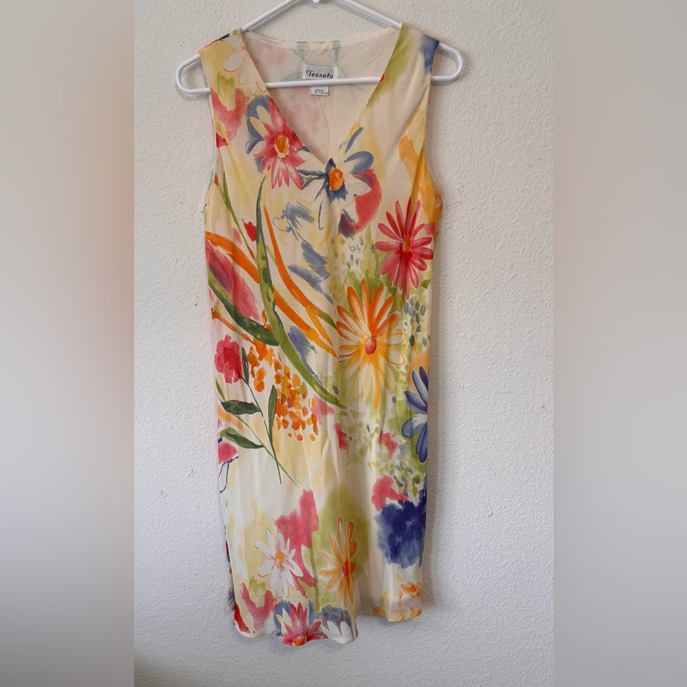 Vintage‎ Shift Dress Tessuto Sleeveless Floral Women's Large Watercolor